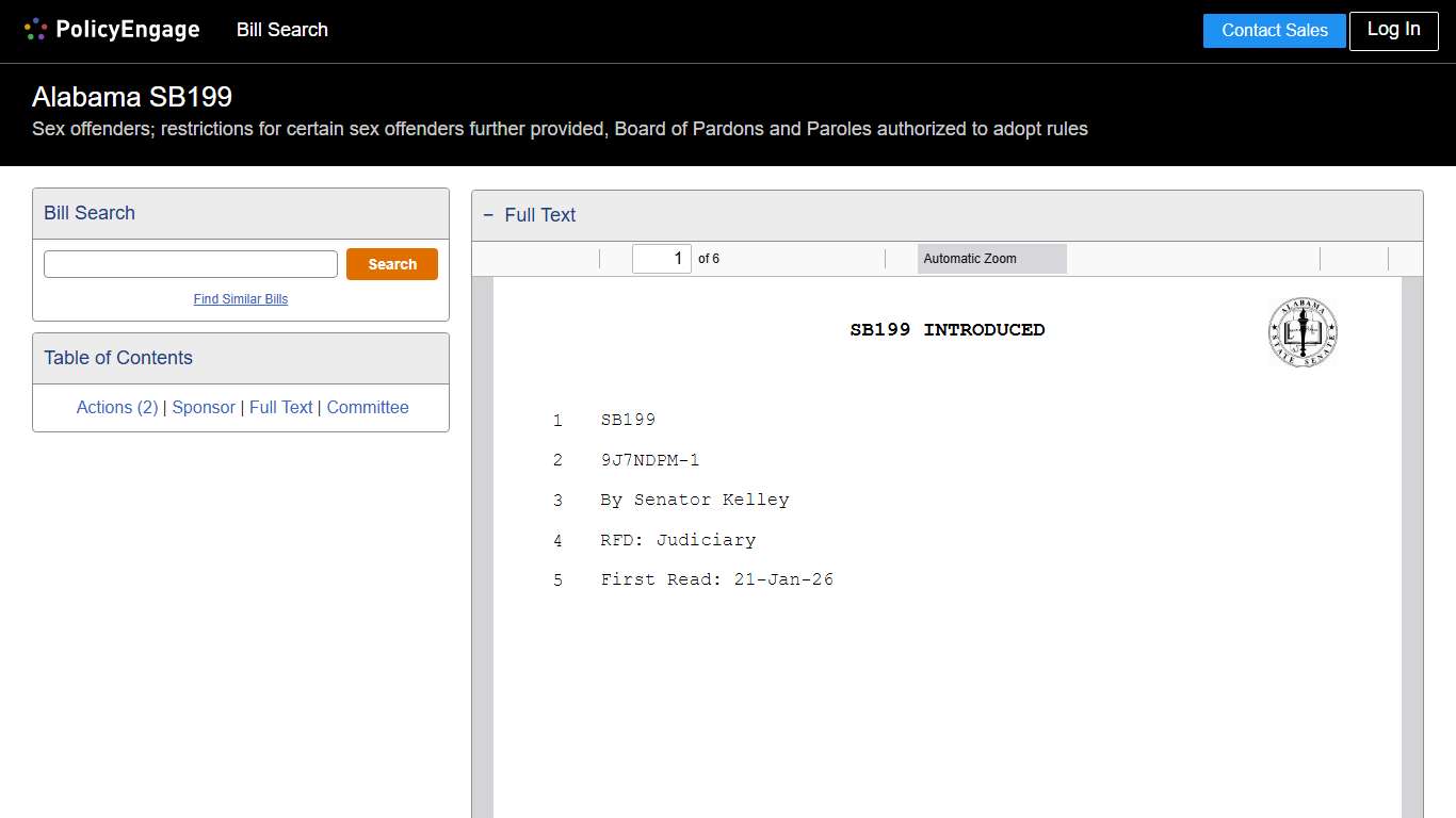 SB199 Alabama 2026 Sex offenders; restrictions for certain sex offenders further provided, Board of Pardons and Paroles authorized to adopt rules - Legislative Tracking PolicyEngage